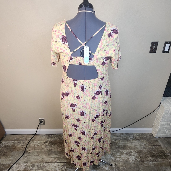 Maison & Belle Yellow Purple Floral Midi Dress with Back Cutout XXL NWT - Picture 3 of 8